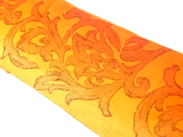 手織り真綿紬　唐花模様織り出し名古屋帯